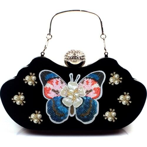 Handmade Embroidery Butterfly Pattern Handbags Women 2021 New Luxury Velvet Hobos Evening Clutch Bags Retro Party Dinner Purses