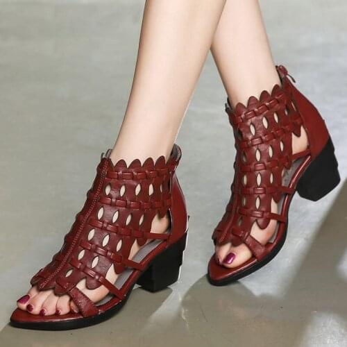 2021 New Summer Retro Style Hand-woven Real Genuine Leather Sandals Thick Heel Soft Bottom Women Shoes Elegant Fashion Sandals