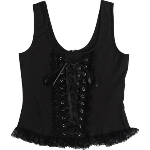 Black Bandage Tank Tops Gothic Grunge Vintage Lace Women Tank Top Streetwear Sleeveless Mesh Ruch Ruffle Tops