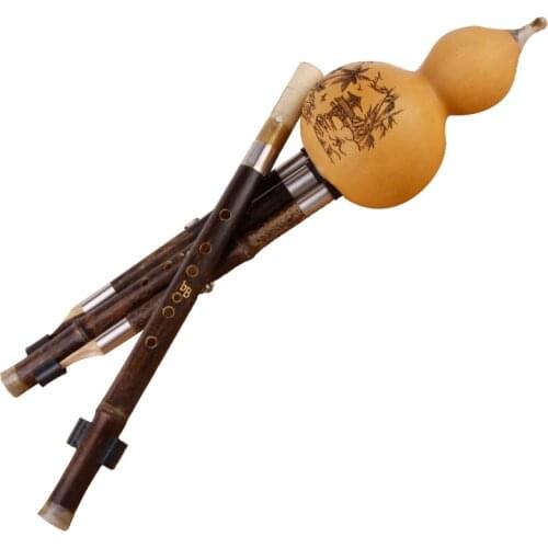 Chinese Handmade Traditional Hulusi C/Bb Black Bamboo Cucurbit Flute With Case Chinese Knot For Beginner