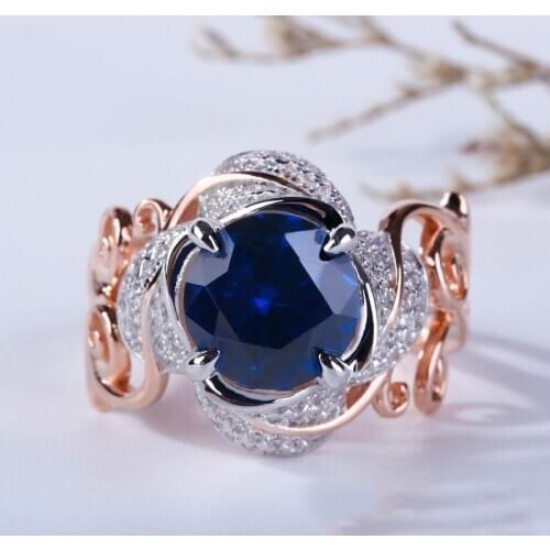 Vintage Flower Leaf Ring Blue Zircon Stone Wedding Rings For Women Luxury Wedding Rose Gold Engagement Ring Bague Anillos Mujer