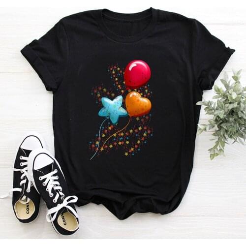 Balloon Print ladies T-shirt ladies casual basis O-collar white shirt short sleeve ladies T-shirt TX8951