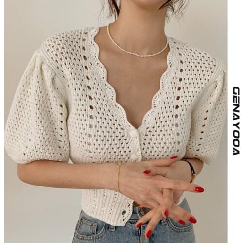 Genayooa Vintage T Shirt Casual Slim Knitted T Shirt Women Short Sleeve Tshirts V-neck Tee Shirt Femme Streetwear Korean Style