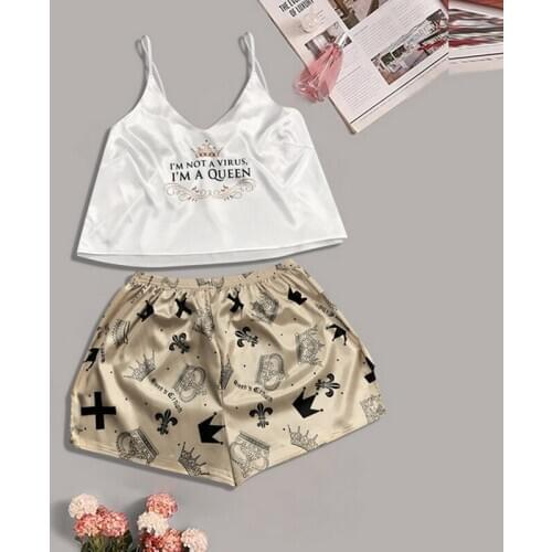 Ladies Thin Pajama Set Cute Cartoon Sleepwear Faux Silk V Neck Sexy Pijama Satin Night Home Suits Wear Spaghetti