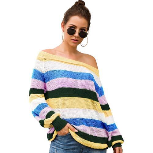 Autumn Medium long sweater new Oversized Rainbow Knitted Sweater Women Pullover Loose sexy Winter SweaterJumper Pull Femme