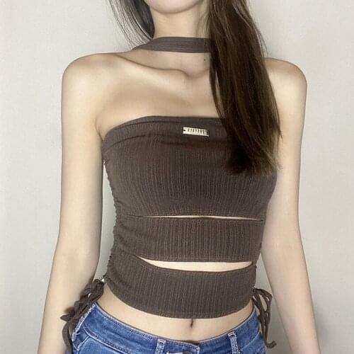 2021 summer and Autumn New Womens sexy hollow out solid color hanging neck straight neck open back vest