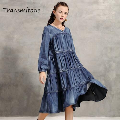 Denim Draped Dress Women 2020 Spring Vintage Womens Dresses V-Neck Lantern Sleeve Loose Dress Vestidos K82189 Vestido Feminina