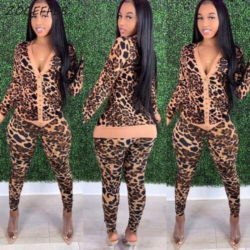 ZOOEFFBB Aesthetic Leopard Print Two Piece Outfits for Women Trendy Clothing Long Sleeve Top and Pants Lounge Wear Matching Sets