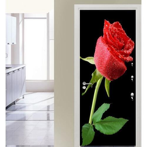 3D Beautiful Red Rose Flower Door Sticker Mural Wall Decals Living Room Bedroom Bathroom Waterproof Self-adhesive PVC Wall Paper
