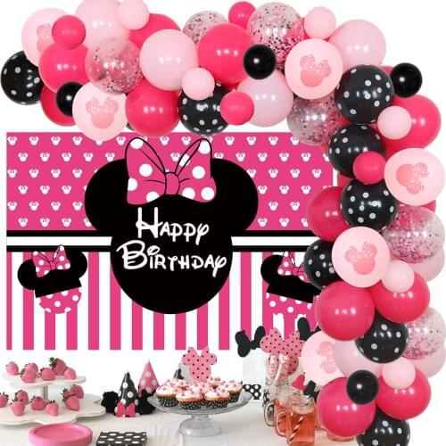 Minnie Mouse Themed Birthday Party Supplies Rose Red Pink Balloon Garland Arch Kit with Minnie Happy Birthday Backdrop for Party