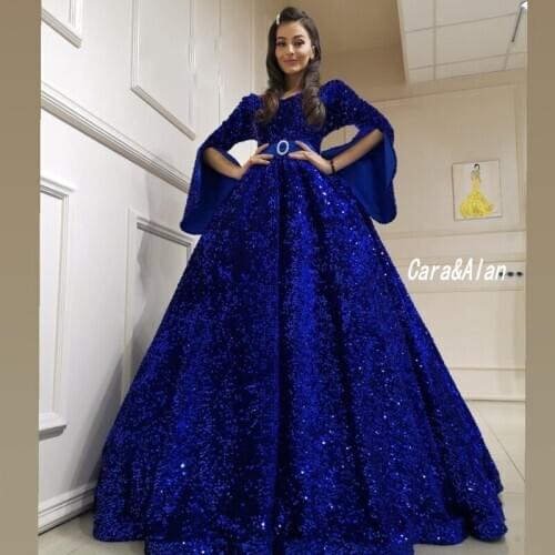 Shinny Blue Sequin Ball Gown Evening Dresses Full Sleeevs Graduation Robes Aso Ebi Prom Dress Ruched Vestidos De La Celebridad