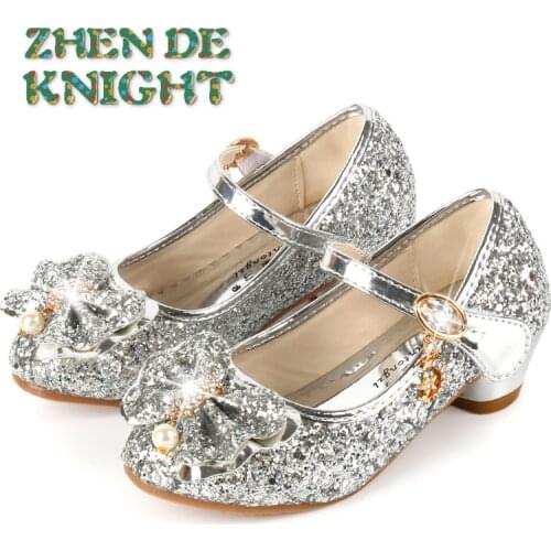 Princess Kids Leather Shoes For Girls Flower Casual Glitter Children High Heel Girls Shoes Butterfly Knot Blue Pink Silver