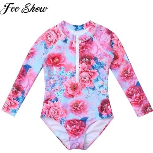 2020 Kids Girls One piece Swimwear Long Sleeve Flower Print Leotard Swimsuit Monokini Bathing Suit Beachwear for Beach Party