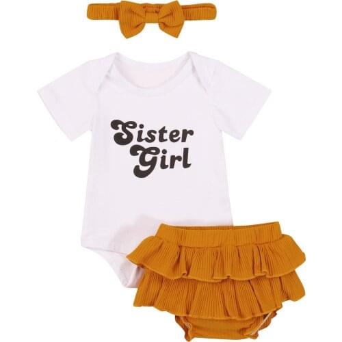 2021 0-18M Infant Baby Clothing Set Sister Girl Letter Print Short Sleeve Romper+Ruffle Tutu Shorts Skirt Summer 3pcs Outfits