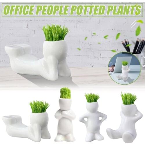Creative Grass Hair Ceramic Man Flower Pot Tabletop Ceramic Dryad Brain Flower Holder Head Top Growing Bonsai Plant Pot