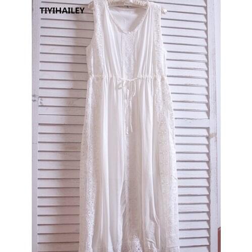 TIYIHAILEY Free Shipping 2021 High Quality Lace Cotton Embroidery Dress Summer Long Mid Calf Sleeveless White Dress Japan Style
