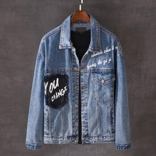 Fashion Streetwear Men Jackets Retro Blue Printed Designer Denim Jacket Men Hip Hop Coats Patches Zipper Biker Chaqueta Hombre