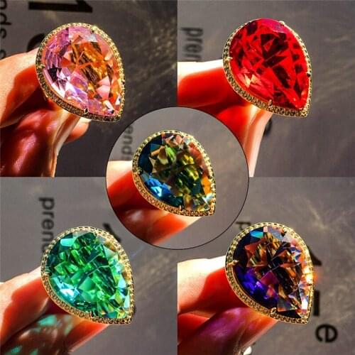 Male Female Charming Big Water Drop Stone Rings For Men Women Yellow Gold Wedding Band Ring Luxury Purple Zircon Engagement Ring