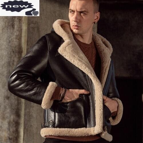 Mens Real Fur Winter Thick Warm Wool Liner Motorcycle Jacket Shearling Hooded Genuine Leather Jackets Fashion Men Sheepskin Coat