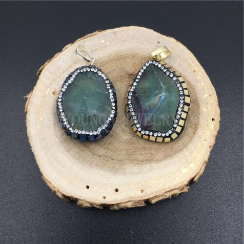 MY0965 Faceted Freeform Fluorite Pendant Pave Rhinestone Connector Gold Or Silver Pendant Charm