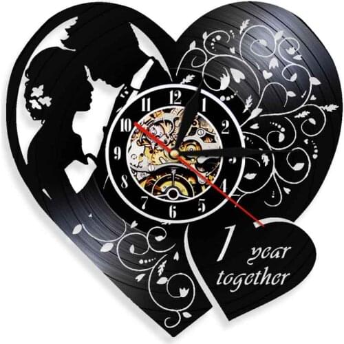 1st Marriage Anniversary Heart Shaped Vinyl Record Wall Clock 1 Year Together Retro Music Album Record Silent Quartz Clock Watch