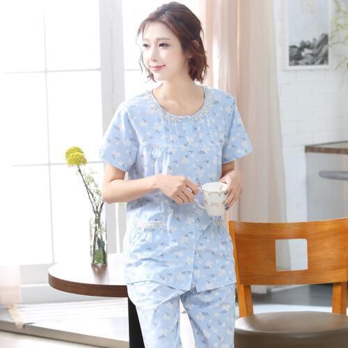 New Small Flower Print Female Pajamas Set Sleepwear Plus Size 3XL Women Full Pure Cotton Pyjamas Suit Blue Colors Nightwear