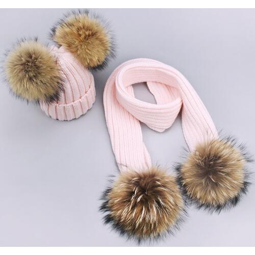 Soild Color Scarf Hat Set For Women Children Hat Cap With Fur Pompon Winter Thick Child Adult Real Fur Pom Pom Outdoor Warm Cap