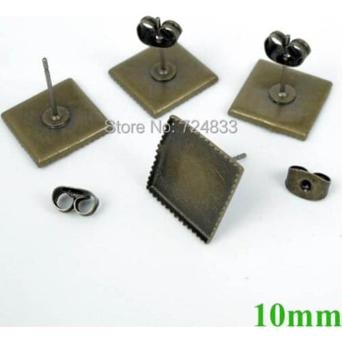 10mm Bronze tone Blank Earrings Bases Square Bezel Stud Pin Earrings Post w/ Stopper Earring Crafts Settings Findings Wholesale