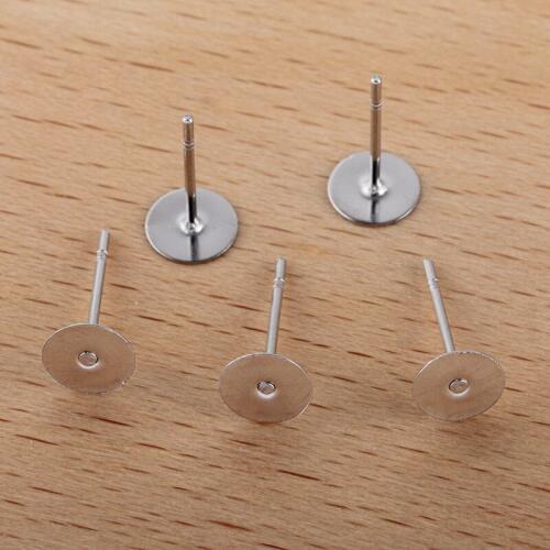 5mm 6mm Flat Circle Glue Pad stud Post Earrings Bases DIY Findings Settings Rhodium tone Plated Metal