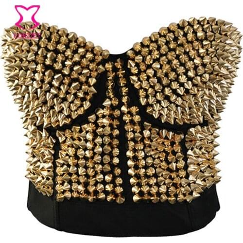 Punk Rave Gold Rivet Burlesque Spiked Stud Bra Sexy Hot Lingerie Women Push Up Disco Dance Club Party Rock Style