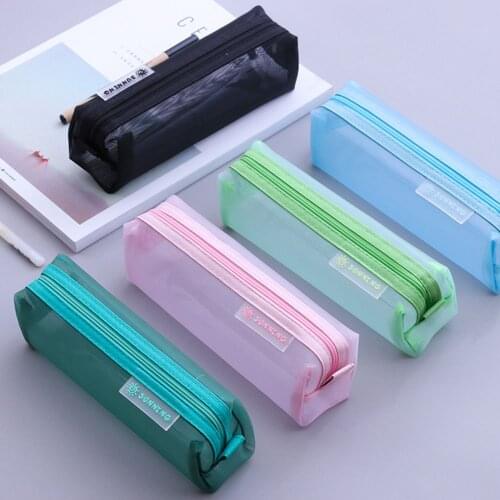 School Mesh Pencil Cases Kawaii Cute Solid Color Transparent Pencil Box School Student Pen Bag Supplies Lapis Stationery