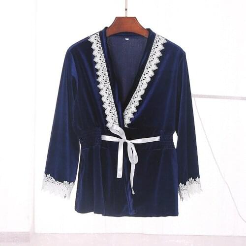 Pijama Sets Three Piece Women Velvet Pajamas Set Autumn Winter Sexy Lace Long Sleeve Lingerie Robe Sleep Wear Pants Sleepwear
