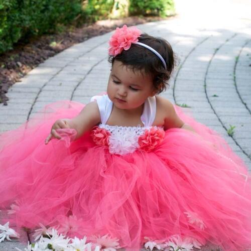 Floor-Length Coral Flower Girl Tutu Dress Wedding Bridal Birthday Party Girls Dress Handmade Princess Dress TS100