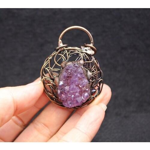 3pcs Bronze Copper Wire Wrapped Irregular Stone Necklace Pendants Honeycomb Technology Loop Healing Citrine Stone Charms Jewelry