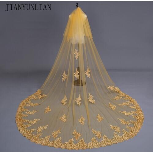 Luxury Two Layers Long Lace Edge Wedding Veil White Ivory Gulden Cathedral Length Bridal Veils with Comb Attached Custom Made Fr