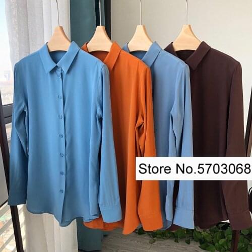 Elfstyle High-end 100% Silk Long Sleeve Solid Color No Pocket Simple Sttyle Blouse Shirt