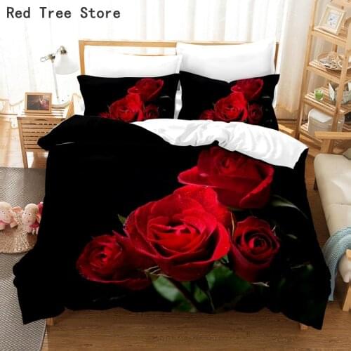 Flower Red Rose Bedding Set Luxury Comforter Duvet Cover Pillowcase King Queen Single Size Comforter Quilt Bedclothes Bed Linen