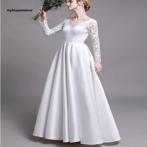 Sexy V-neck lace long-sleeved satin bridal gown, white simple wedding dress, a large size custom wedding dress Wedding Party