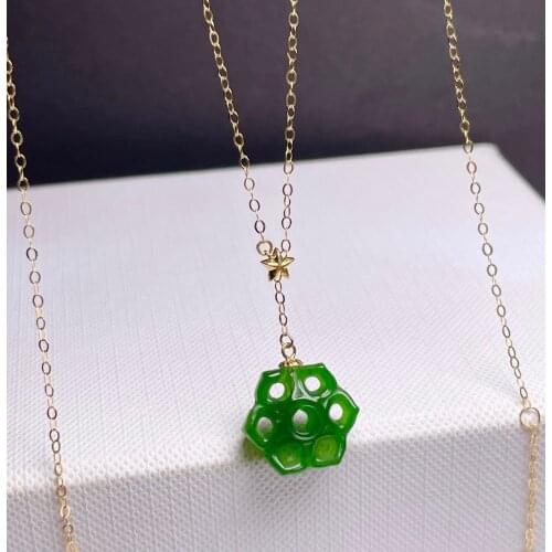 SHILOVEM 18k YELLOW gold real Natural green Jasper pendants classic fine Jewelry women necklace plant new 14mm mymz14145521by