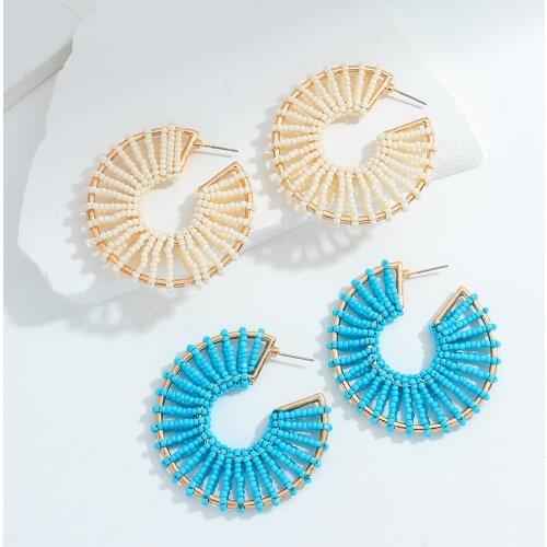 AMORCOME Bohemian Off-white Blue Beads Hoop Earrings for Women Handmade Boho Geometric Round Circle Earrings Summer Jewelry Gift