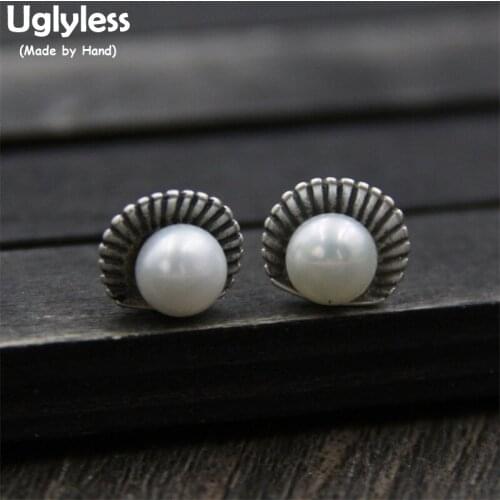 Uglyless Real S925 Sterling Silver Shell Designer Freshwater Pearls Stud Earrings Women Vintage Studs Thai Silver Brincos Bijoux