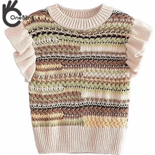 OneBling Za Woman 2021 Casual Traf Crop Tops Autumn Sleeveless Strip Patchwork Knit Jumper Ruffle Trim Sweaters Gilets Vest