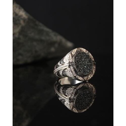 Dark Blue Zircon 925 Silver Engraved Traditional Handmade Turkish Signet Ring Jewelry Gift for Women Men