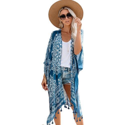 Blue/Brown Anja Tassel Kimono Coat Top For Women Beach Bohemian Cover Up Swimwear Loose Open Front One Size