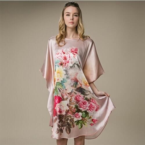 Women New 100% Mulberry Silk Night Dress Ladies Summer Autumn Plus Size Loose Court Bat Shirt Casual Home ServiceNightgown