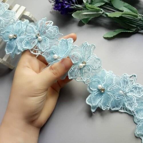 1 yards Blue 8cm Pearl Flower Embroidered Lace Trim Ribbon Floral Applique Fabric Patches DIY Wedding Dress Sewing Craft