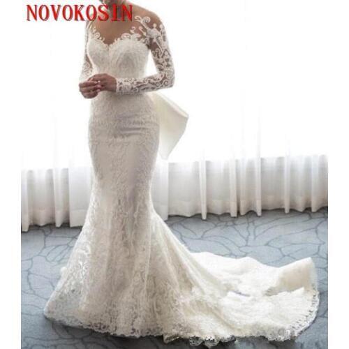 2019 Sheer Tulle Applique Wedding Bridal Gowns With Detachable Skirt Long Sleeves Lace Mermaid Wedding Dresses robe de mariee
