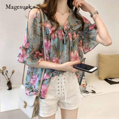 2020 New Fashion Sweet Style Printed Chiffon Blouses Casual Plus Size V-Neck Flare Short Sleeve Loose Women Clothing 0615 40
