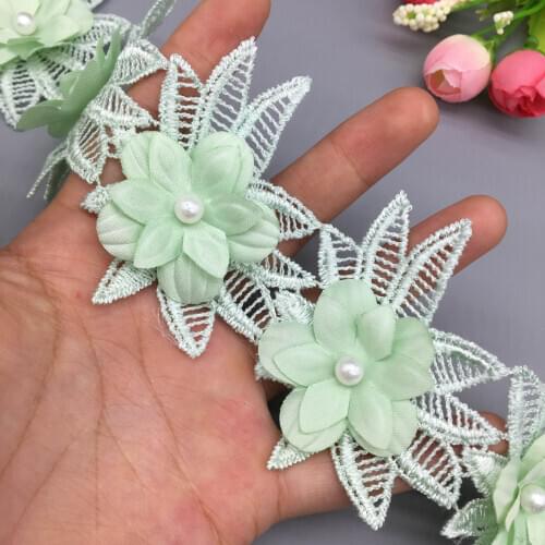 20x Pearl Rose Flower Green Embroidered Leaf Lace Trim Ribbon Fabric Sewing Supplies Craft DIY For Costume Dress Hat Decoration