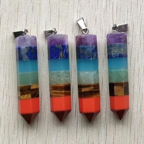4pcs/lot wholesale Fashion Natural stone 7 Chakra Layered Crystal 12x45mm pillar pendants for jewelry making free shipping